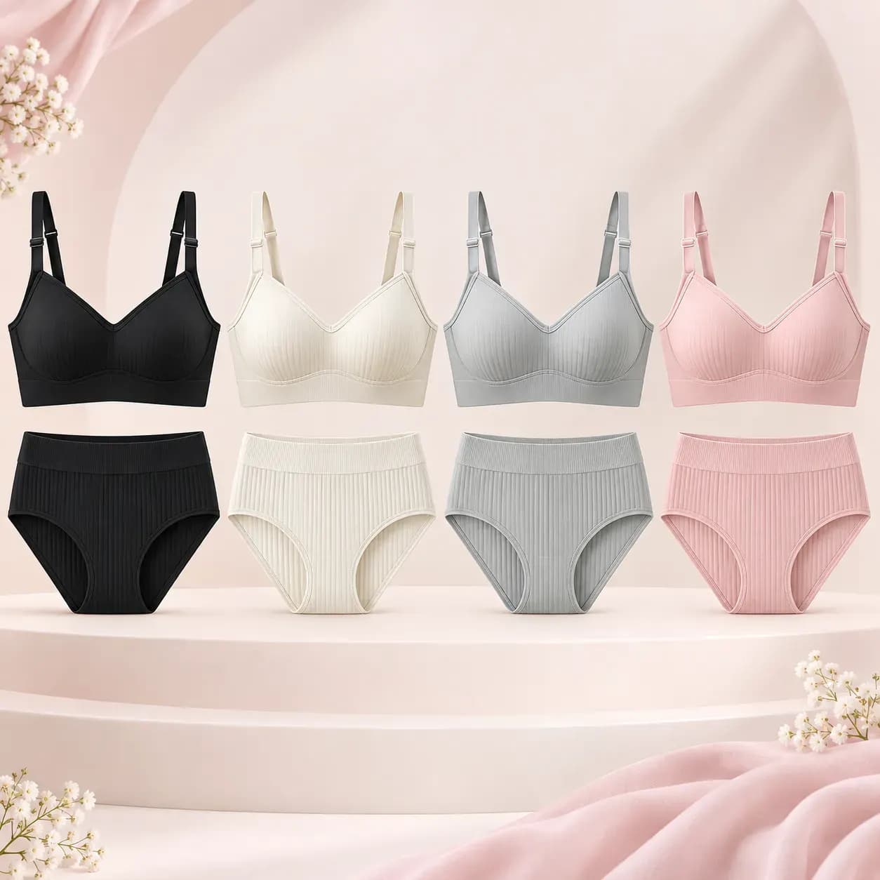 Comfort Ribbed Bra & Panty Set (Pack of 4) | Wire-Free, Lightly Padded & Adjustable Straps