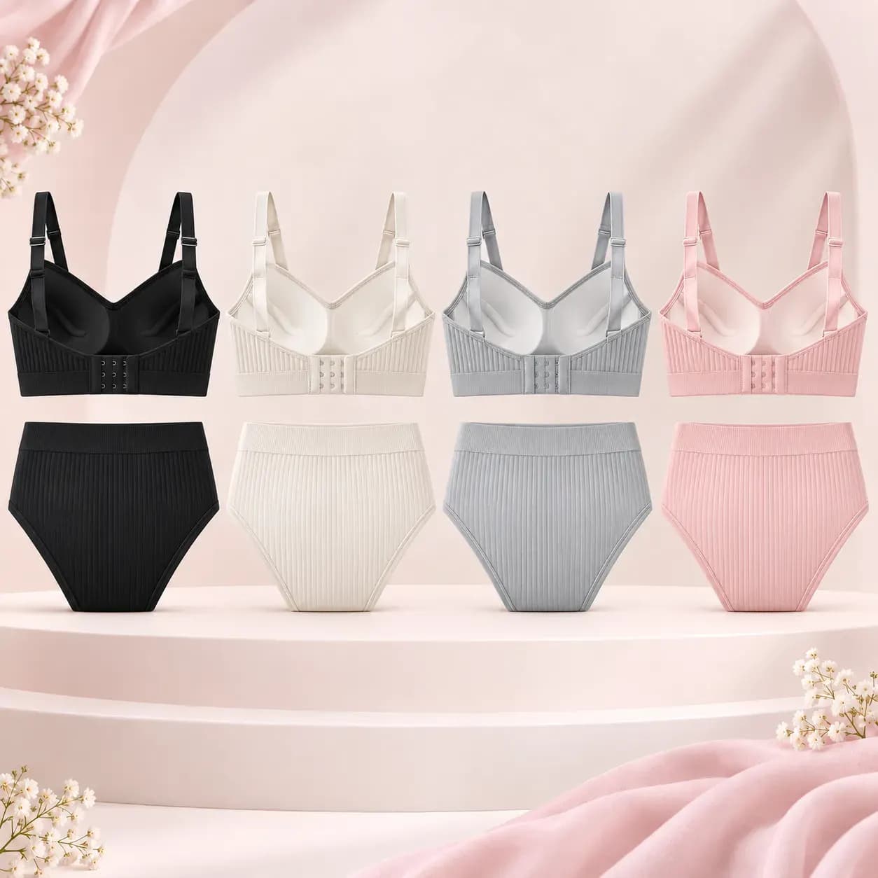 Comfort Ribbed Bra & Panty Set (Pack of 4) | Wire-Free, Lightly Padded & Adjustable Straps