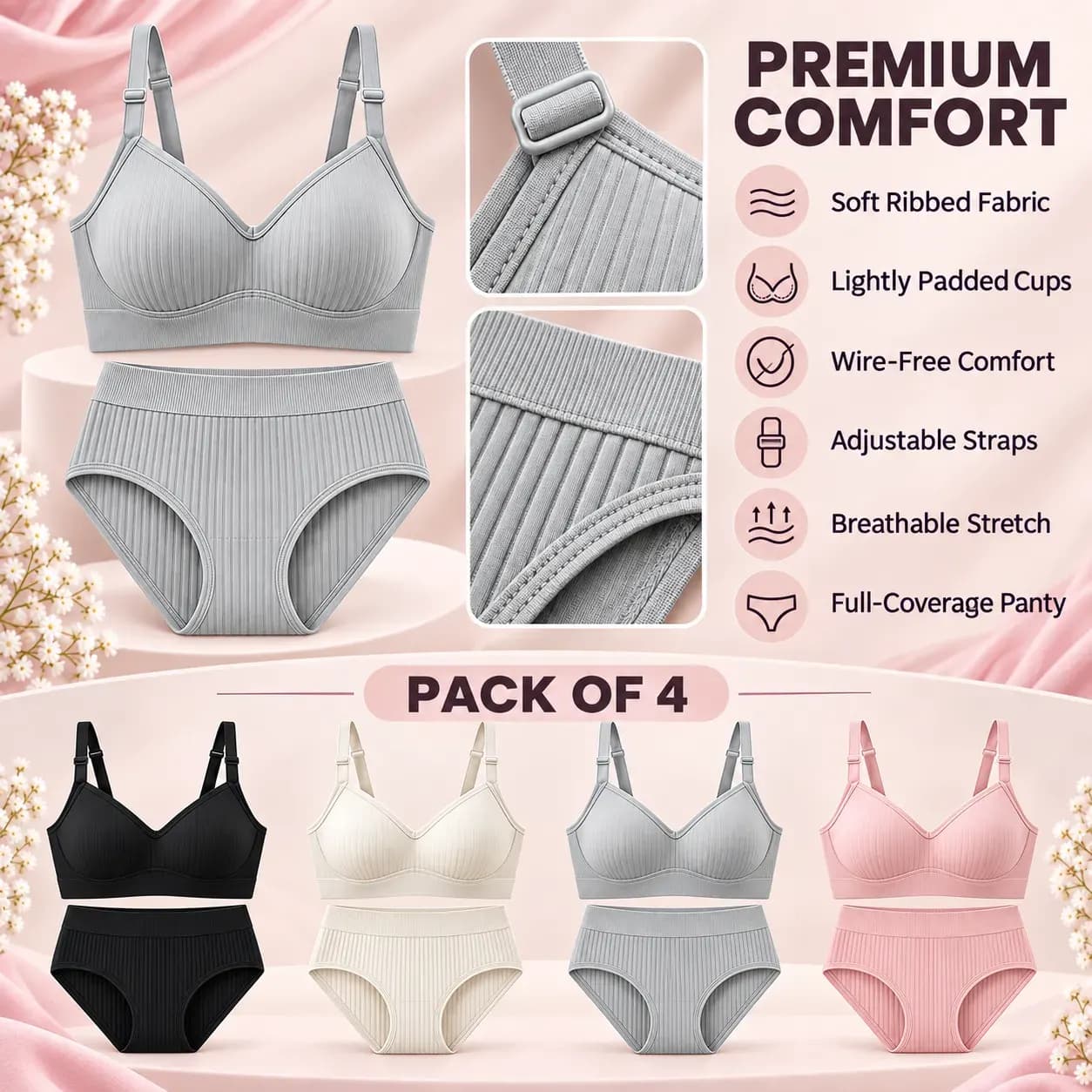 Comfort Ribbed Bra & Panty Set (Pack of 4) | Wire-Free, Lightly Padded & Adjustable Straps