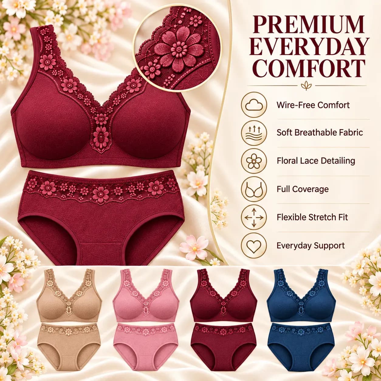 Floral Lace Everyday Comfort Set (Pack of 4)