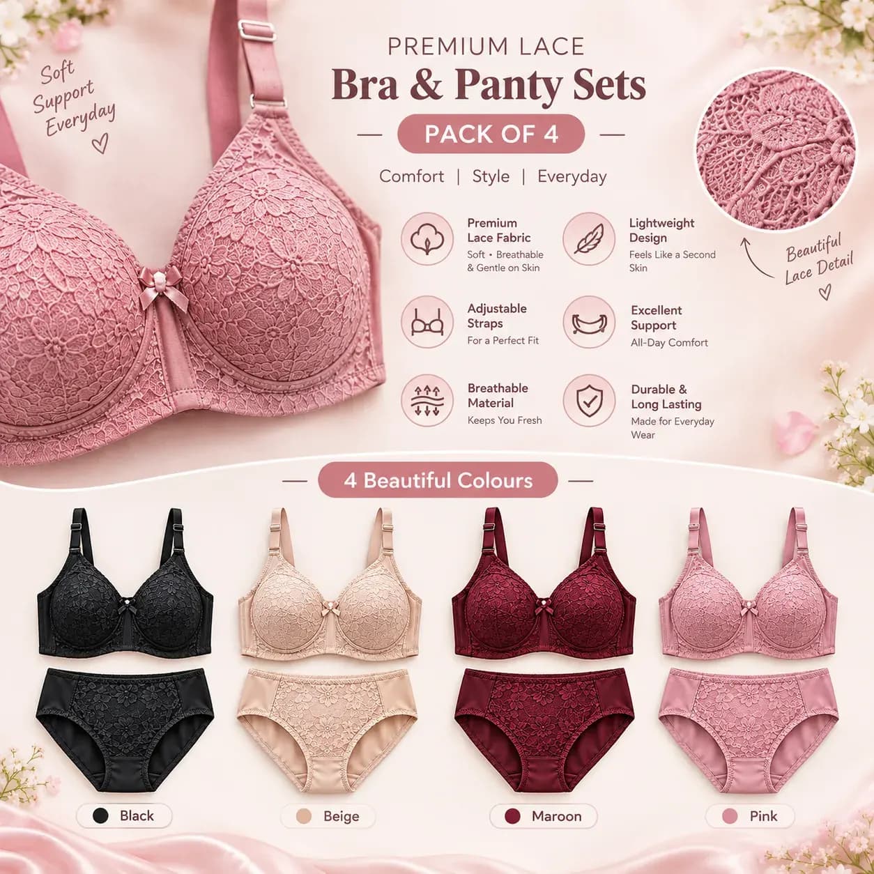 Premium Lace Bra & Panty Set (Pack of 4)