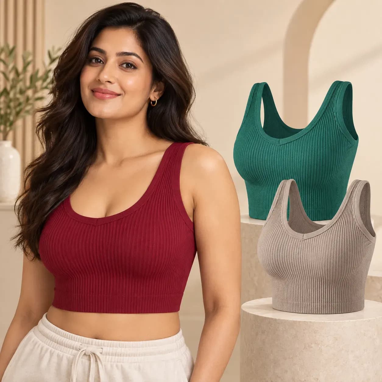 Women’s Ribbed Wire-Free Comfort Crop Top Bra – Pack of 3