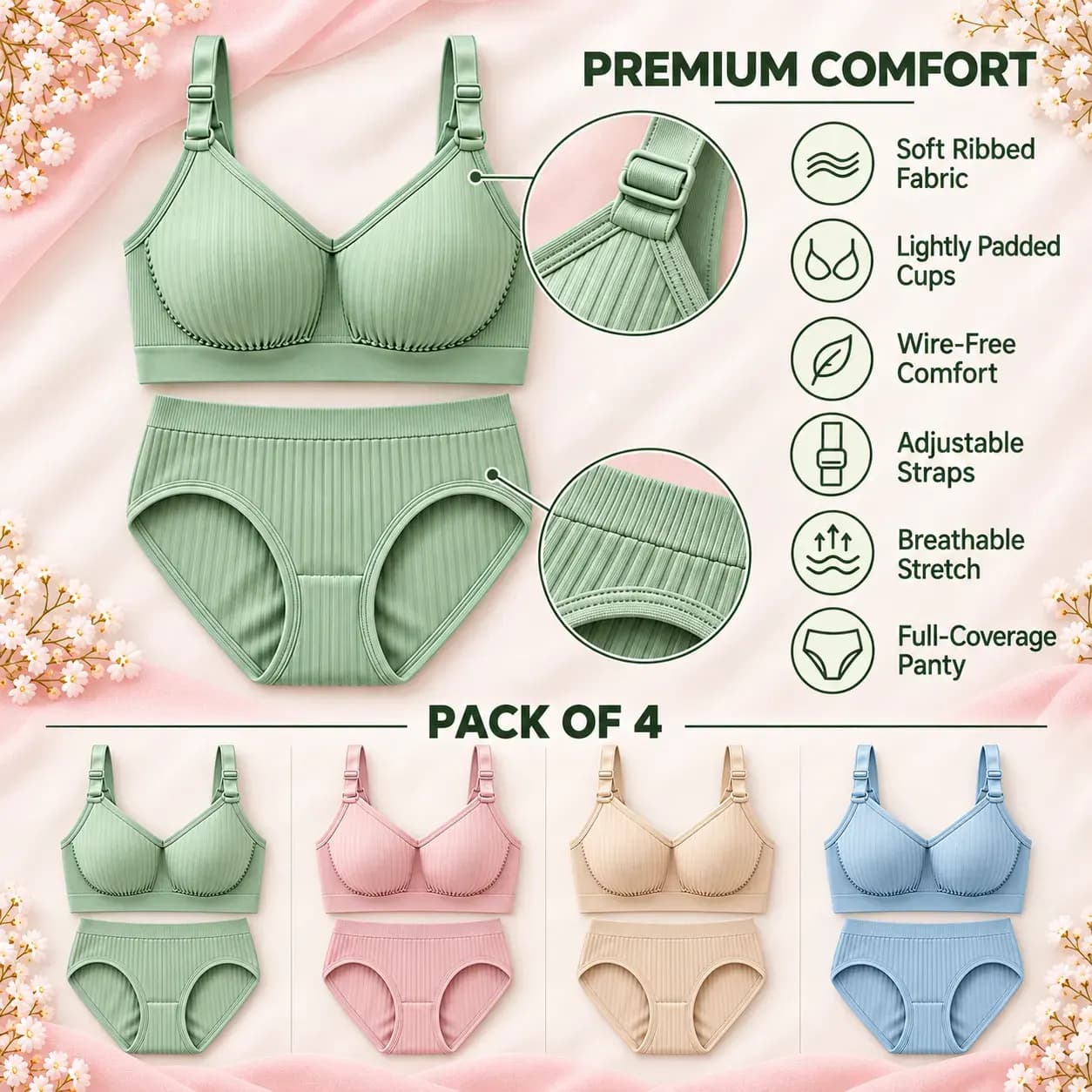 Comfort Ribbed Bra & Panty Set Wire-Free (Pack of 4)