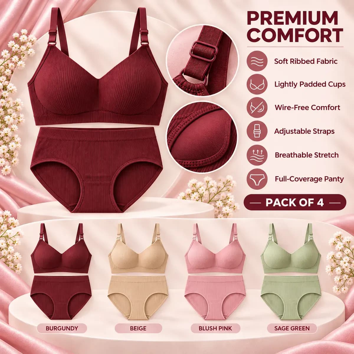 Everyday Ribbed Bra & Panty Set (Pack of 4)