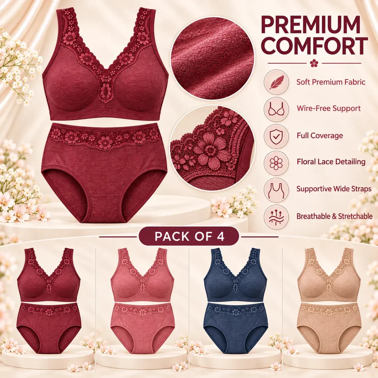 Premium Floral Lace Comfort Set (Pack of 4) A1