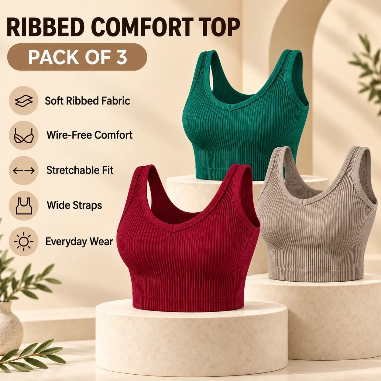 Women’s Ribbed Wire-Free Comfort Crop Top Bra – Pack of 3